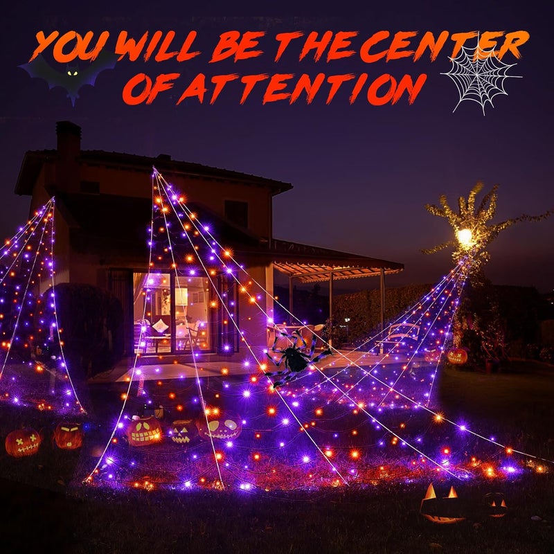 BlcTec Halloween Decorations Outdoor Huge Spider Web Decorations, 19.7ft x 14.7ft Sturdy Lighted White Spider Web with 250 LED Purple Orange Lights, 8 Modes, Timer, Waterproof for Outdoor Decor - Image 4